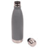 A drink bottle in grey with a stainless steel base and a silver screw-on cap next to it.