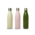 A drink bottle set featuring three colours: cream, pink, and green, with a stainless steel lid and a sleek design.