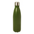 A drink bottle in a matte green finish with a stainless steel cap and a contoured shape. It features a logo.