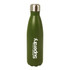 A drink bottle in matte olive green with a stainless steel cap and a logo.