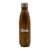 A drink bottle with a stainless steel cap and a wood-like finish, featuring a logo on the side.
