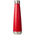 A drink bottle in a sleek red design with a stainless steel base, featuring a logo on its surface.