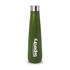 A drink bottle in a green finish with a stainless steel lid and a logo.