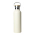 A drink bottle in a creamy colour with a bamboo lid and a metal handle, featuring a sleek design and a branded logo.