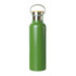 A drink bottle in matte green with a metal cap and carry handle. Features a branding logo.