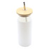 A drink bottle with a white body, bamboo lid, and metal straw, featuring a logo.