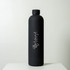 A drink bottle in matte black with a sleek design and a logo displayed on the front.