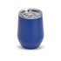 A blue drink mug with a clear lid and a sleek, rounded design. Features a branding logo.