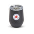 A drink mug in matte black with a transparent lid and a logo. It has a rounded shape suitable for beverages.