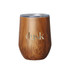 A drink bottle with a wood-like finish, featuring a silver logo, and a clear lid. Suitable for hot and cold beverages.