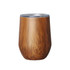 A drink bottle with a wood-like finish and a silver rim. It has a sleek, modern design and features a logo.