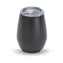 A drink cup in matte black with a clear lid, designed for beverages. It has a rounded shape and a sleek appearance.