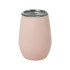 A drink bottle in a soft pink colour with a stainless steel rim and a logo on the surface.