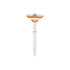 A fidget pen in white with orange accents and three circular toppers on the top. It features a logo.
