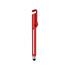 A red promotional pen with a clip, featuring a stylus tip and a sleek design. It includes a branding logo.