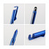A blue 4 in 1 QR Code banner pen featuring a stylus tip, ballpoint pen, and a clip for attachment.