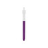 A purple and white click pen with a sleek design and a logo on the barrel.