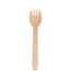 A light wooden fork with a long handle and three tines, part of a disposable cutlery set.