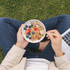 A person holding a bowl of granola topped with berries, using a small wooden disposable spoon, sitting on grass.