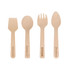 A set of small disposable birch spoons and forks in natural wood colour, featuring various shapes and a branding logo.