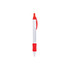 A pen with a white barrel, red accents, and a section for rotating messages. Features a logo on the side.