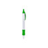 A white pen with green accents and a transparent window for revealing messages. The pen has a grip section.