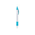 A white pen with turquoise accents and a transparent window. It features a click mechanism and a grip section.