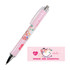 A pink ballpoint pen featuring colourful illustrations and a branding logo.