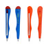 A knife-shaped ballpoint pen in blue and red, featuring a clip and a branding logo on each pen.