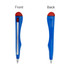 A knife-shaped ballpoint pen in blue and red, displaying both front and back views. Features a logo.