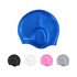 A blue swimming cap with earmuffs, accompanied by options in black, white, pink, and grey. The cap features a logo.