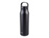 A drink bottle in matte black with a secure lid and a carry handle, featuring a logo on the side.