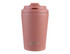 A ceramic-lined insulated coffee cup in a soft pink colour with a lid and a logo.