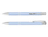 A light blue pen with silver accents, featuring a sleek design and a clip for convenience. It has a logo displayed.