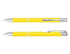 A yellow lacquer pen with silver accents, featuring a sleek design and a branding logo.