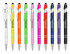 A set of stylus pens in various colours including white, yellow, orange, pink, purple, and black, featuring branding.