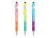 A set of three stylus pens in pink, green, and blue, featuring a logo on each pen.