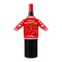 A drink bottle dressed in a red and pink knitted sleeve with a couple silhouette and heart motifs.