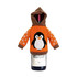 A drink bottle covered with a customisable knitted wine bottle cover featuring a penguin design and a brown hood.