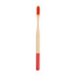 A colorful bamboo toothbrush with a red handle and a natural bamboo bristle head. It has a logo on the handle.