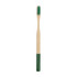 A bamboo toothbrush with a large round handle featuring a green and natural wood colour design. It has a logo.