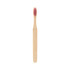 A large flat handle toothbrush with a bamboo body and a pink bristle head, featuring a logo.