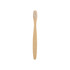 A small bamboo toothbrush with a light bamboo handle and white bristles, featuring a plain design.