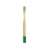 A bamboo toothbrush with a small round handle featuring a green bristle head and a green base. It has a logo.