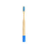 A bamboo toothbrush with a small round handle, featuring blue bristles and a blue base. It has a logo.