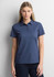 A women's short sleeve polo in navy blue with a collar and a logo.