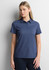A women's short sleeve polo in navy, featuring a collar and a logo. The model is posing against a neutral background.