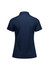 A navy women's polo shirt with a short sleeve design and a collar, featuring a branding logo.