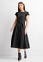 A black midi dress with a fitted top and flared skirt, featuring short sleeves and a waist tie.