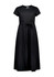 A black midi dress with a round neckline, short sleeves, and a tie belt at the waist. It has a minimalist design and a logo.